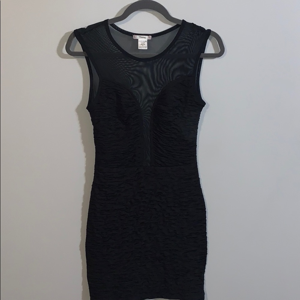 Black Mesh Ruched Bodycon Mini Dress
